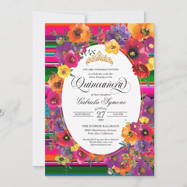 Bright Fiesta Flowers Serape Stripe Quinceanera Invitation (Front)