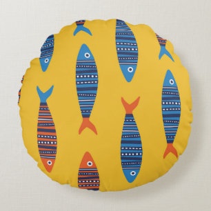 Bright fishes seamless pattern. Seaside hand drawn Round Cushion