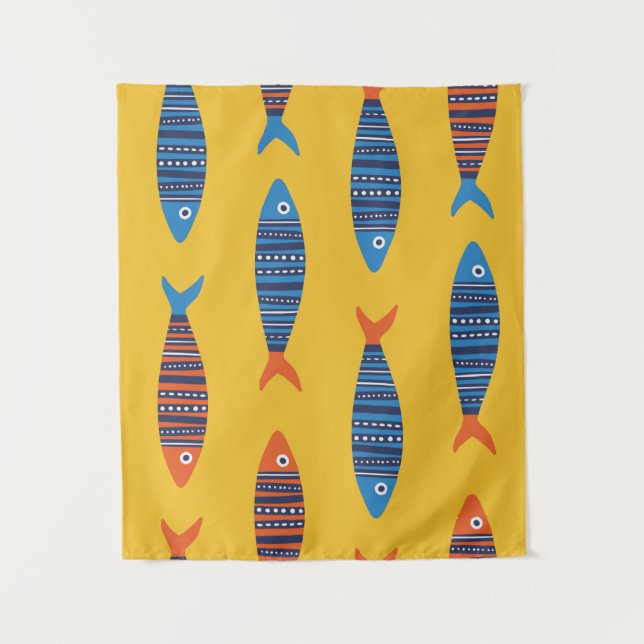 Bright fishes seamless pattern. Seaside hand drawn Tapestry (Front)