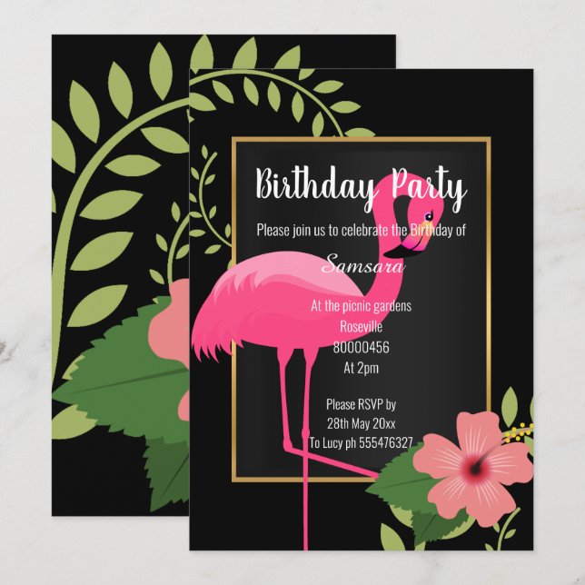 BRIGHT FLAMINGO HIBISCUS BLACK PINK GOLD INVITATION (Front/Back)