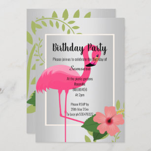 BRIGHT FLAMINGO HIBISCUS SILVER BIRTHDAY  INVITATION