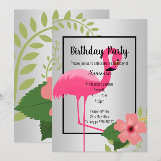 BRIGHT FLAMINGO HIBISCUS SILVER BLACK BIRTHDAY  INVITATION (Front/Back)