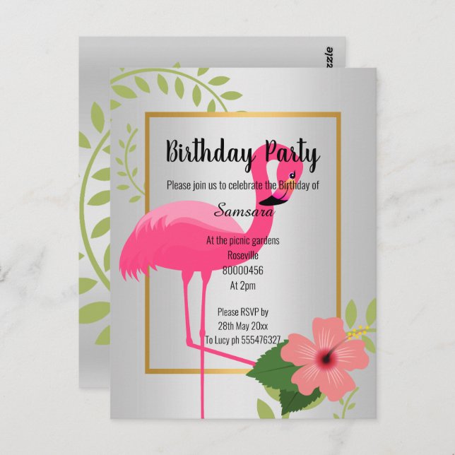 BRIGHT FLAMINGO HIBISCUS SILVER GOLD BIRTHDAY  INV POSTCARD (Front/Back)