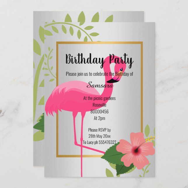 BRIGHT FLAMINGO HIBISCUS SILVER GOLD BIRTHDAY  INVITATION (Front/Back)