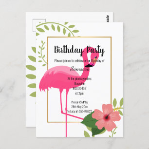 BRIGHT FLAMINGO HIBISCUS WHITE GOLD BIRTHDAY POSTCARD