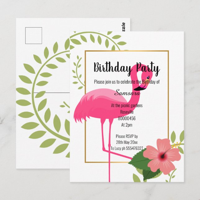 BRIGHT FLAMINGO HIBISCUS WHITE GOLD BIRTHDAY POSTCARD (Front/Back)