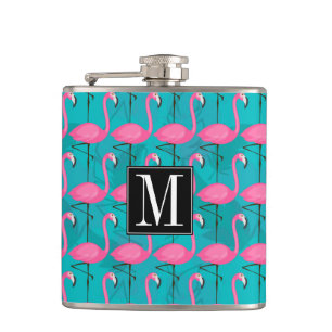 Bright Flamingo Pattern Add Your Initial Hip Flask