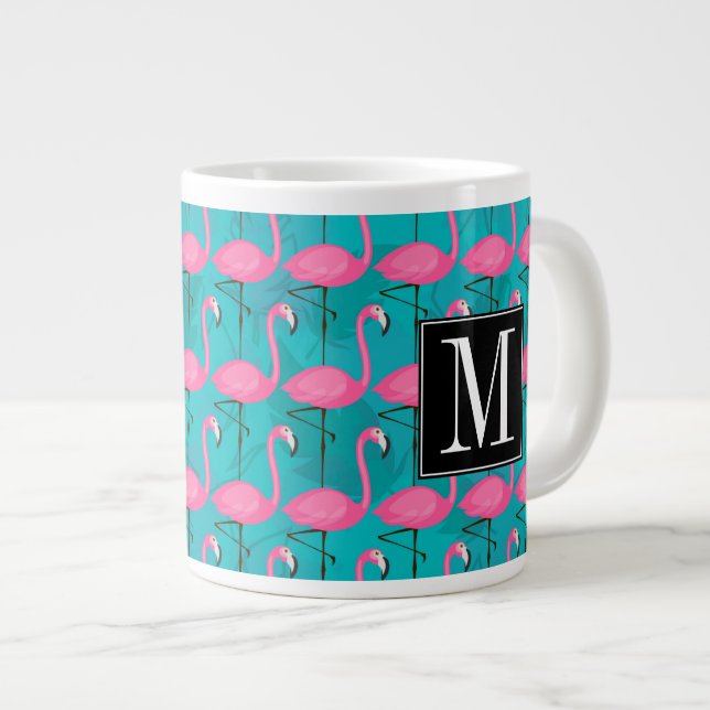 Bright Flamingo Pattern | Add Your Initial Large Coffee Mug (Front Right)
