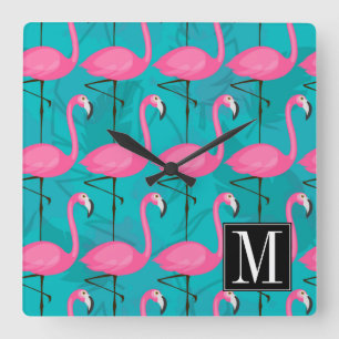 Bright Flamingo Pattern   Add Your Initial Square Wall Clock