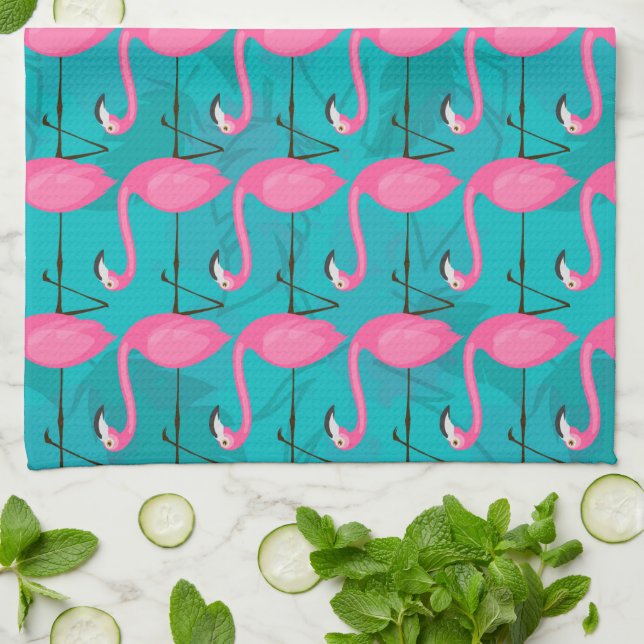 Bright Flamingo Pattern | Add Your Initial Tea Towel (Folded)