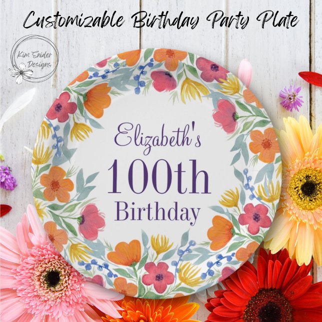 Bright Floral 100th Birthday  Paper Plate (Creator Uploaded)