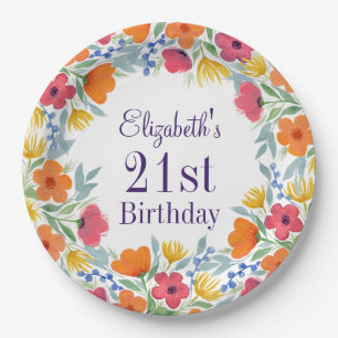 Bright Floral 21st Birthday Paper Plate