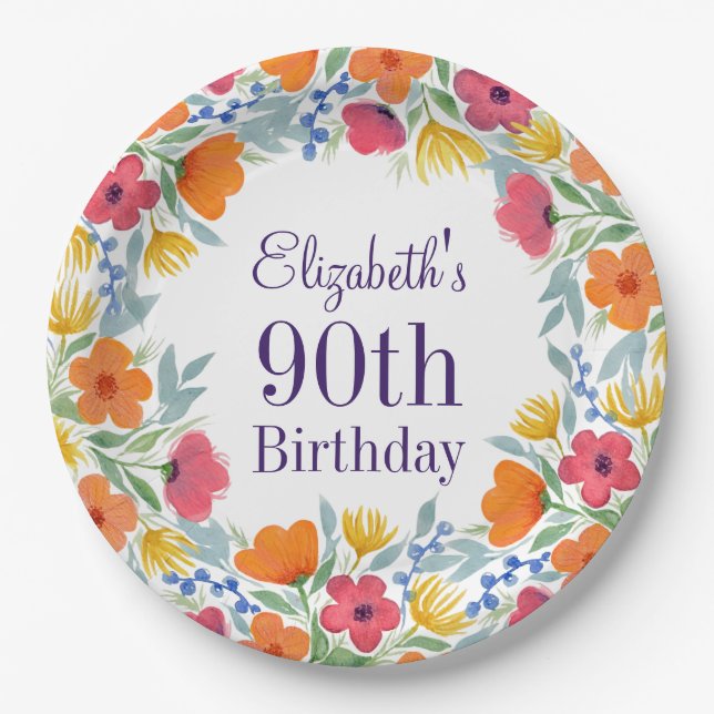 Bright Floral 90th Birthday  Paper Plate (Front)