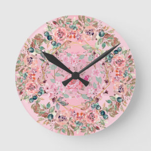 Bright Floral Art, Beautiful Pink Floral Wreath Round Clock