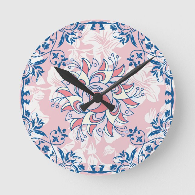 Bright Floral Art, Pink Rangoli Bright Life Round Clock (Front)