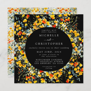 Bright Floral Black Square Wedding Invitation