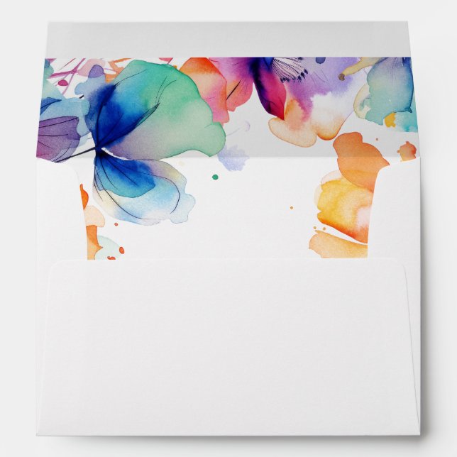 Bright Floral Blue Orange Watercolor Wedding  Envelope (Back (Bottom))