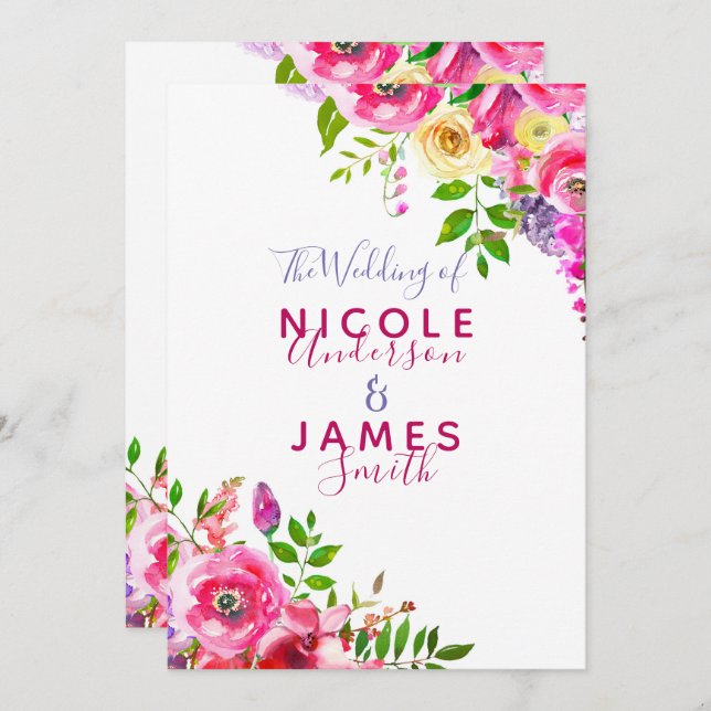 Bright Floral Bold Pink Spring Botanical Wedding Invitation (Front/Back)
