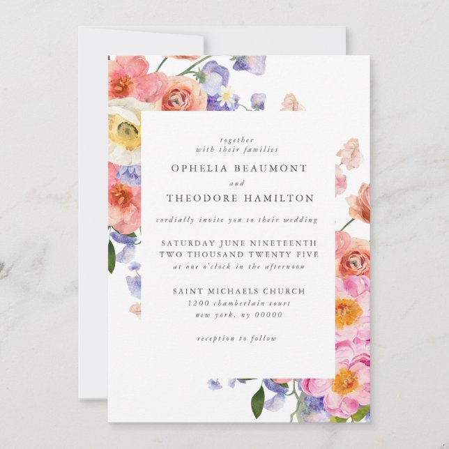 Bright Floral Botanical Modern Elegant Wedding Invitation (Front)