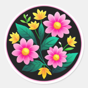 Bright Floral Circle With Pink Flowers Classic Round Sticker