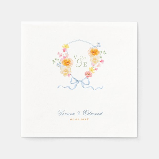 Bright Floral Crest Monogram Spring Wedding Napkin (Front)