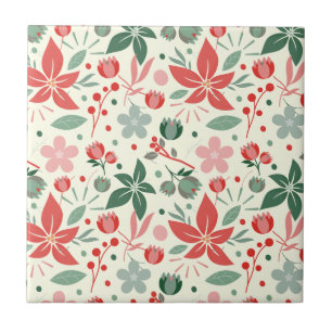 Bright Floral Design with Green Leaves and Dot Ceramic Tile