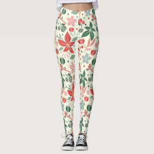 Bright Floral Design with Green Leaves and Dot Leggings