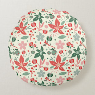 Bright Floral Design with Green Leaves and Dot Round Cushion