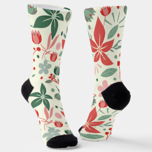 Bright Floral Design with Green Leaves and Dot Socks