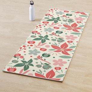 Bright Floral Design with Green Leaves and Dot Yoga Mat