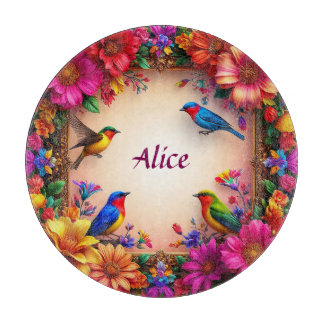 Bright Floral Frame with Colourful Birds in Nature Cutting Board
