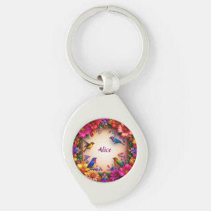 Bright Floral Frame with Colourful Birds in Nature Key Ring