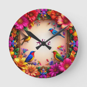 Bright Floral Frame with Colourful Birds in Nature Round Clock