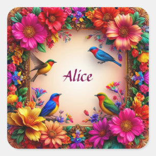 Bright Floral Frame with Colourful Birds in Nature Square Sticker