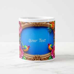 Bright Floral Frame With Colourful Birds Large Coffee Mug