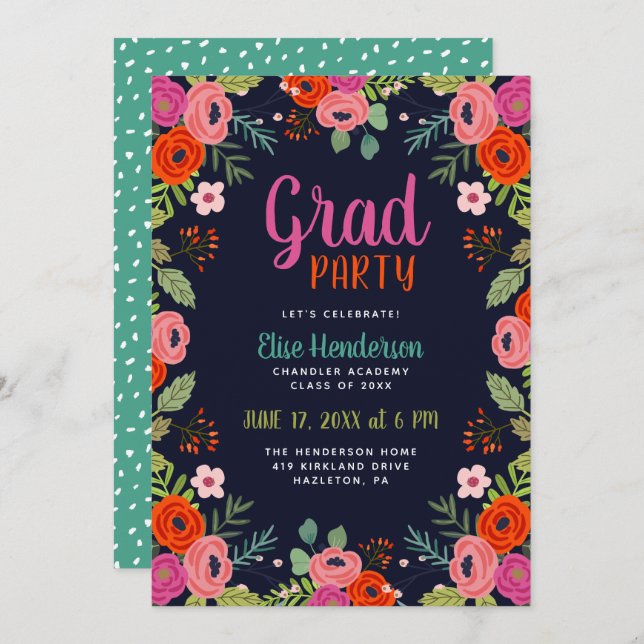 Bright Floral Graduation Party Invitation (Front/Back)