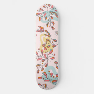 Bright, floral hidden cat pattern, pink base skateboard