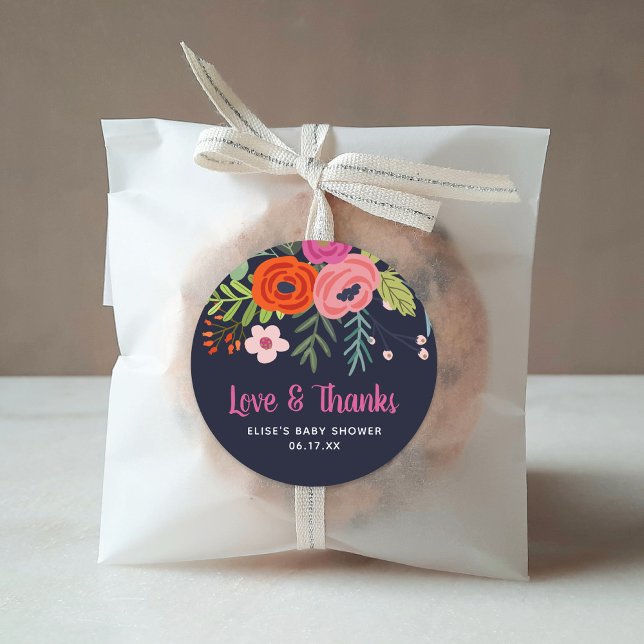 Bright Floral Love and Thanks Baby Shower Classic Round Sticker (Creator Uploaded)