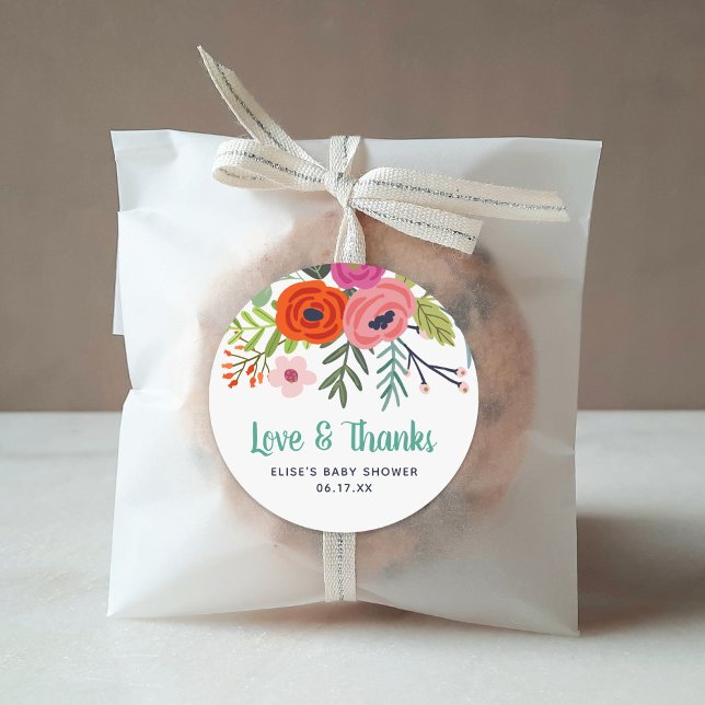 Bright Floral Love and Thanks Baby Shower Classic Round Sticker (Creator Uploaded)