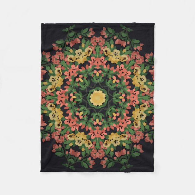 Bright floral mandala with red and yellow flowers. fleece blanket (Front)