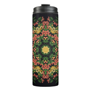 Bright floral mandala with red and yellow flowers. thermal tumbler
