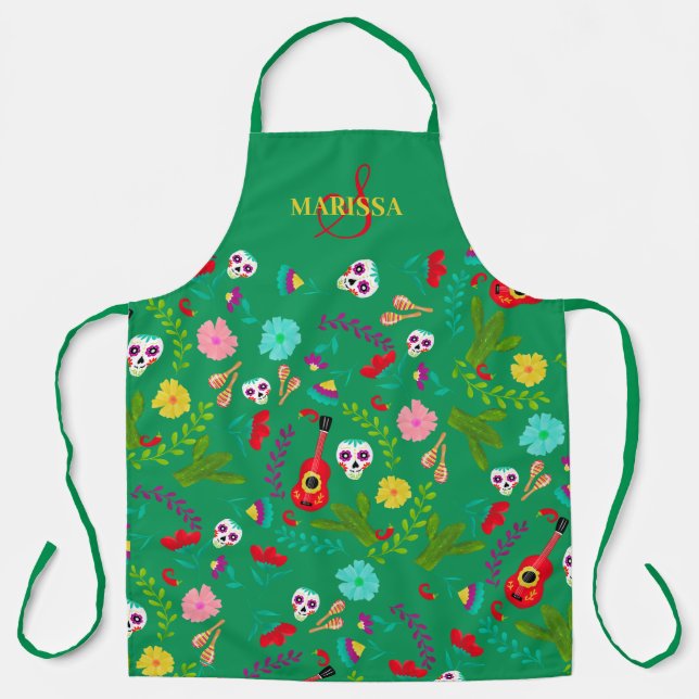 Bright floral Mexican 5 de mayo green monogram Apron (Front)