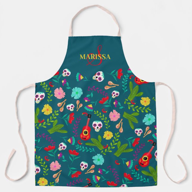 Bright floral Mexican 5 de mayo green monogram Apron (Front)