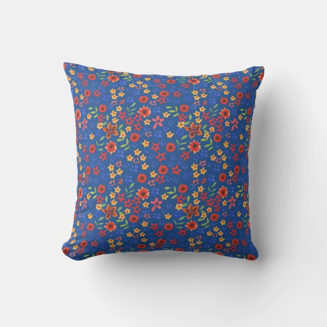 Bright Floral Miniprint on Blue Pillow or Cushion (Front)