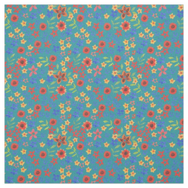 Bright Floral Miniprint Pattern on Teal Fabric (Swatch)