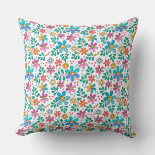 Bright floral multicolored pattern retro sixties cushion