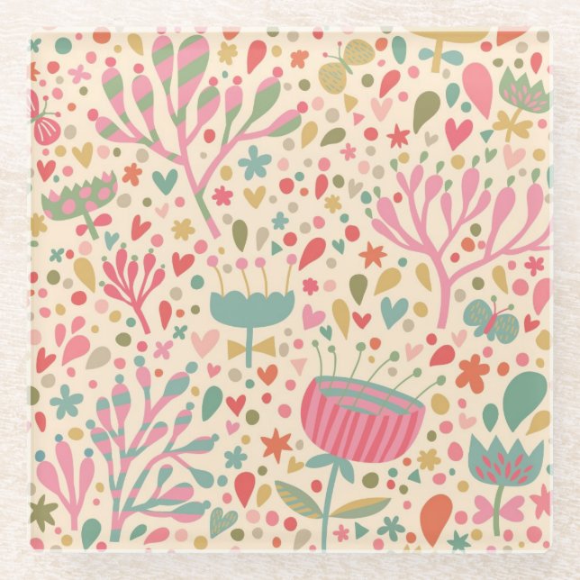 Bright floral pattern glass coaster (Front)