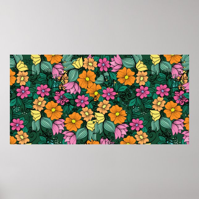 bright floral pattern on a green background. Vinta Poster (Front)