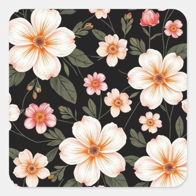 Bright floral pattern on black square sticker (Front)