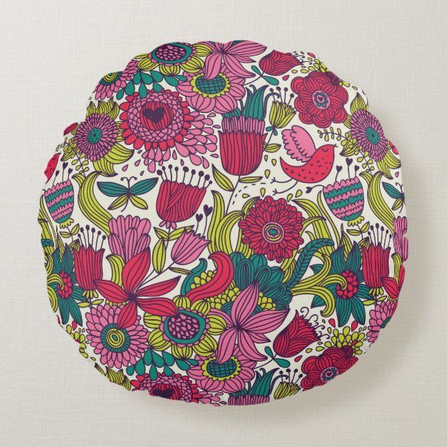 Bright floral pattern round cushion (Front)